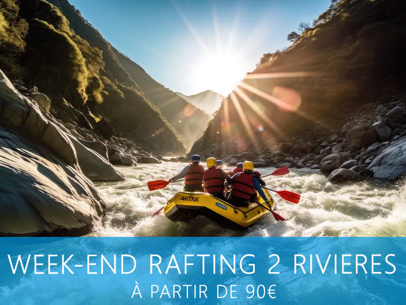 Groupe de participants en rafting sur la rivière l'Arve lors d'un week-end aventure